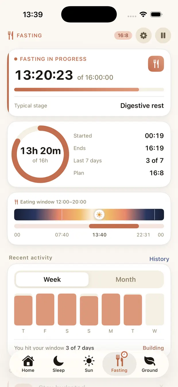biokei fasting screen: a fast running at 13:20 of a 16-hour plan, with a day strip showing the eating window