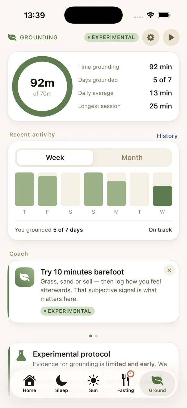 biokei grounding session screen with an EXPERIMENTAL badge and a card noting that evidence for grounding is limited and early